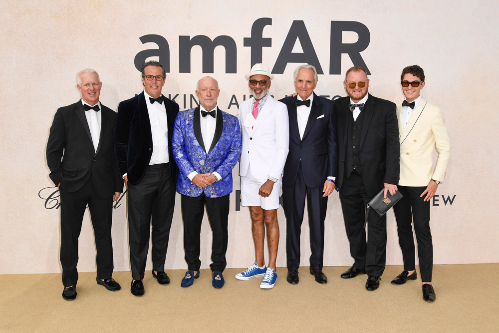 (L-R) amfAR Board Co-Chairs Kevin McClatchy and T. Ryan Greenawalt; Trustees Donald Dye, Phill Wilson, Vin Roberti; CEO Kevin Robert Frost; and Trustee Larry Milstein (Photo by Getty Images)