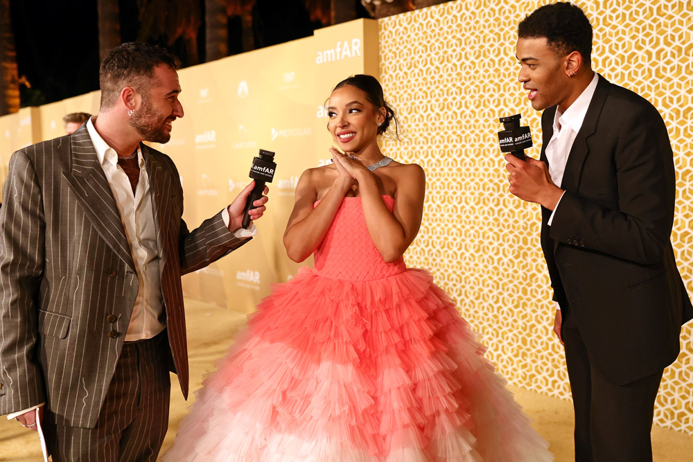 Comedians Jordan Firstman and Owen Thiele interview Tinashe during a livestream from the carpet at amfAR Gala Los Angeles. (photo: Getty Images for amfAR)