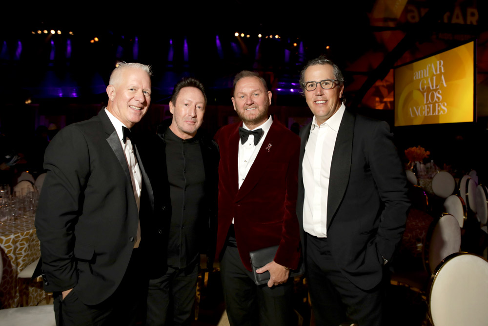 amfAR Board Co-Chairs Kevin McClatchy and T. Ryan Greenawalt and amfAR CEO Kevin Robert Frost pose with Event Chair Julian Lennon at the 2022 amfAR Gala Los Angeles (photo: Ryan Emberley & Kennedy Pollard)