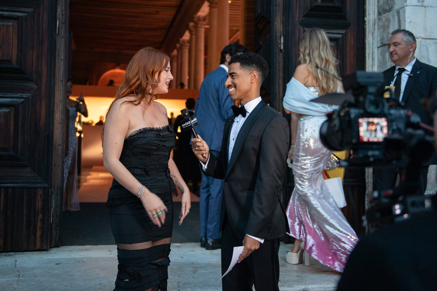 Bella Thorne interviewed by amfAR Venezia host Boman Martinez-Reid. Photo by Ryan Emberley/Getty Images