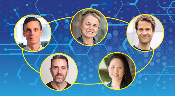 HIV researchers Nadia Roan, PhD, and Melanie Ott, MD, PhD, of the Gladstone Institutes; Brad Jones, PhD, of Weill Cornell Medicine; and Jeffrey Johnson, PhD, of the Icahn School of Medicine at Mount Sinai, as well as pioneer in biomedical artificial intelligence (AI) and machine learning Fabian Theis, PhD, of Helmholtz Munich.