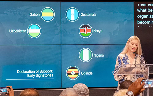 Dr. Catharine Young speaks at the Global Cancer Financing Platform's launch during the UN General Assembly
