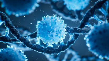 Blue-toned illustration of an immune cell, spotlighting supporting actors like B cells and NK cells in HIV research