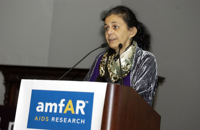 Dr. Wafaa El-Sadr speaking at an amfAR/Columbia World AIDS Day symposium in 2002