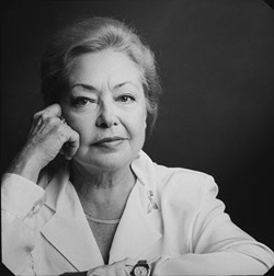 Black-and-white portrait of Dr. Mathilde Krim, amfAR's founding chairman