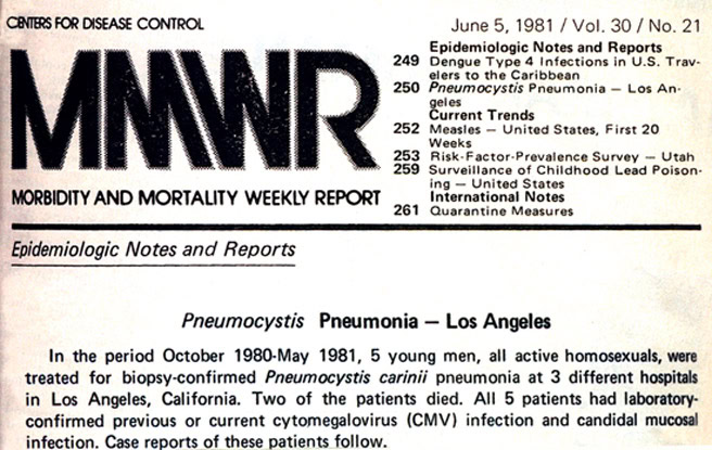 Cover of the CDC's 1981 MMWR report documenting the first identified AIDS cases