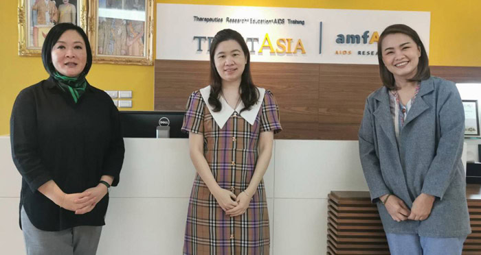 Left to right: Dr. Annette Sohn, amfAR VP and director of amfAR’s TREAT Asia program, Dr. Tavitiya Sudjaritruk (CMU), Tulathip Suwanlerk (TREAT Asia), at the TREAT Asia office, Bangkok, Thailand, in December 2022