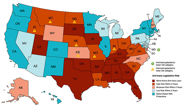 Map tracking anti-transgender legislative risk across U.S. states