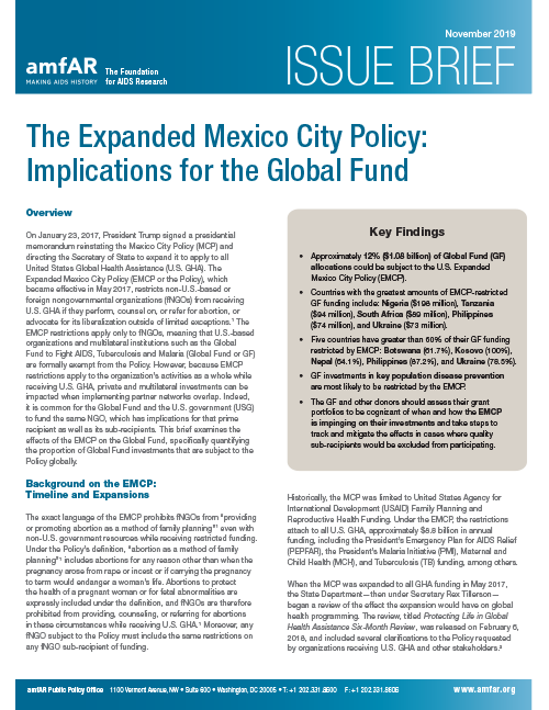 Cover of amfAR's issue brief on the Expanded Mexico City Policy and the Global Fund