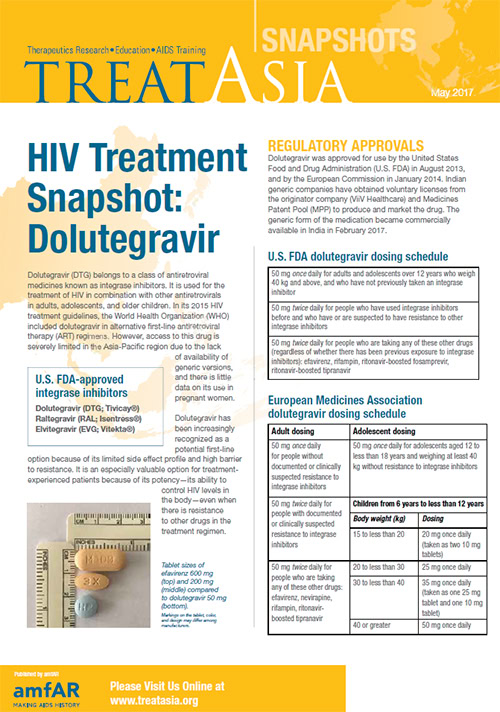 Cover of amfAR's HIV treatment snapshot summarizing dolutegravir research and pricing