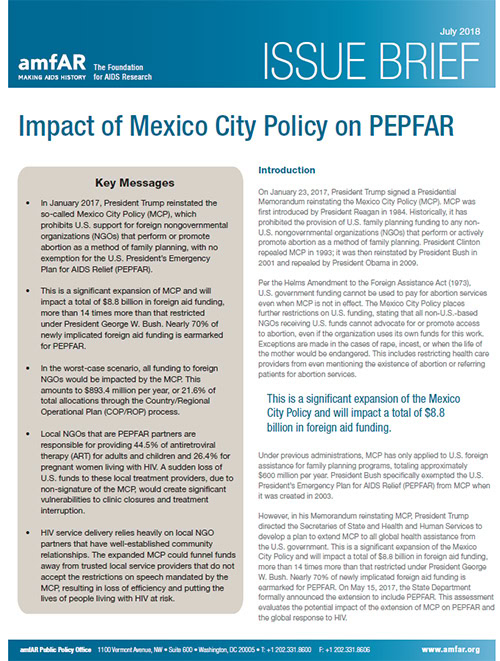 Cover of amfAR's updated issue brief on the Mexico City Policy's impact on PEPFAR