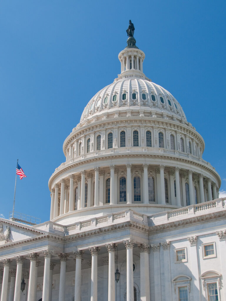 The dome of the United States Capitol against a clear blue sky, with an American flag flying beside it.