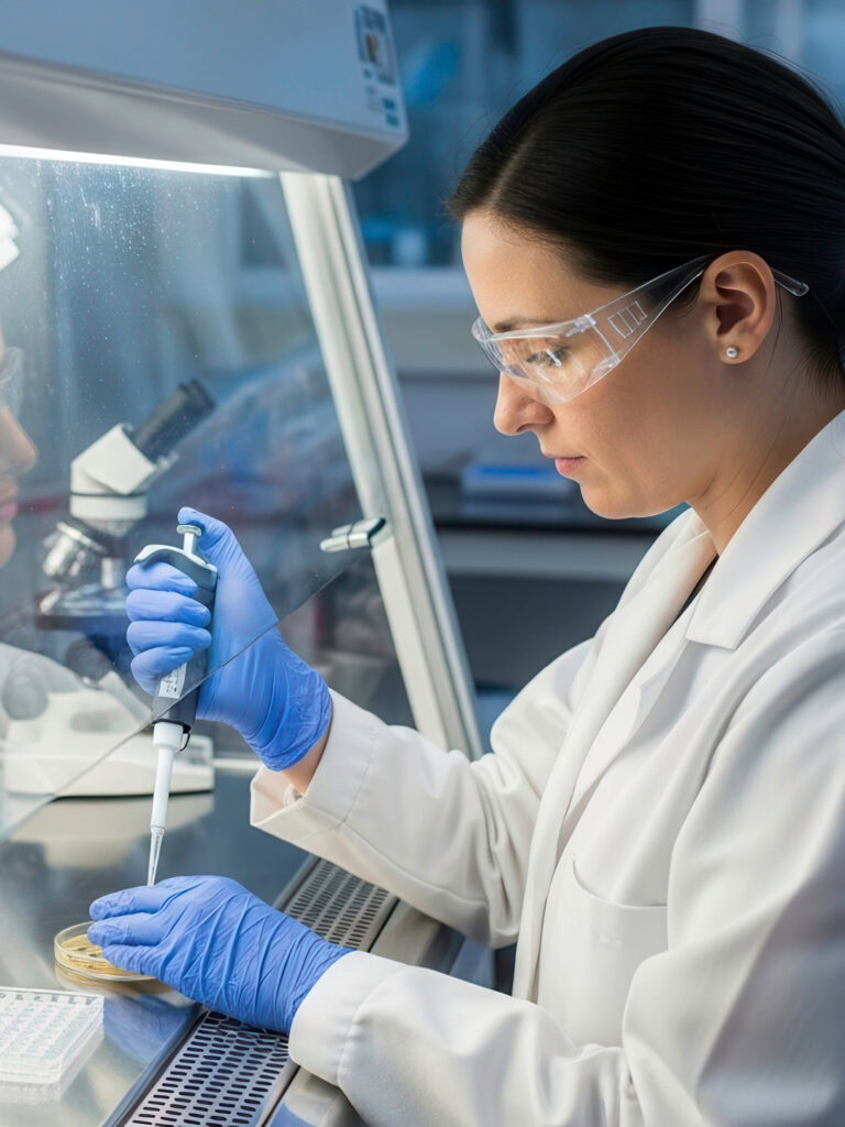 A researcher in a lab coat, goggles and gloves uses a pipette inside a biosafety cabinet.