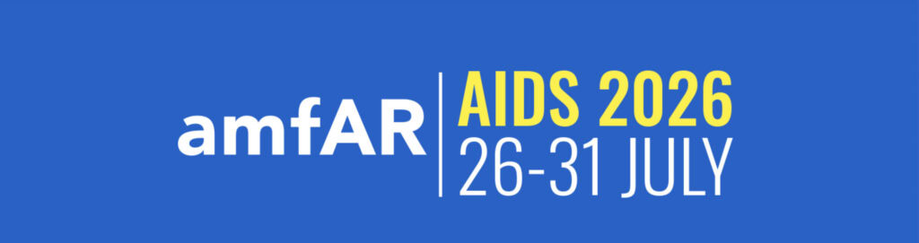 Hero banner for amfAR at AIDS 2026 conference, July 26-31, listing presentations and workshops