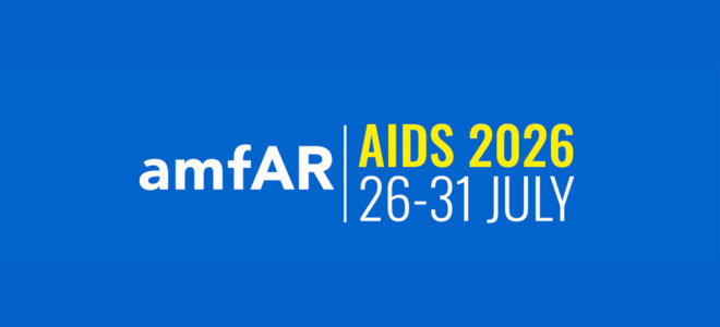 amfAR at AIDS 2026 conference key art for presentations, meetings, and workshops listing